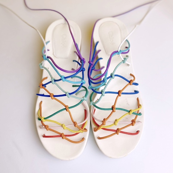 CHLOÉ Rainbow Knotted Leather Wedge Sandals - Picture 5 of 11